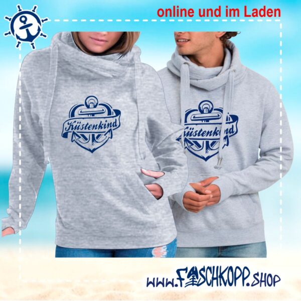 Kreuzkragen Kapuzenshirt Küstenkind Ankerband Damen grau meliert – Bild 2