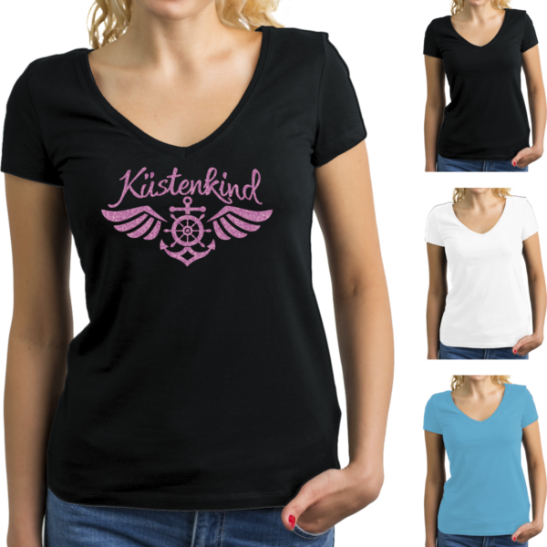 Damen T-Shirt mit Elastan - Motiv: Küstenkind #300 - Glitzer-Druck