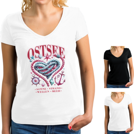 Damen T-Shirt mit Elastan - Motiv: Ostsee - Herz aus Tau (rot) #497